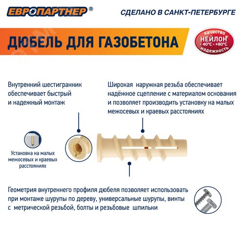 Дюбель для газобетона 12х60 нейлон (400 шт) (для винта М8) - фото 3
