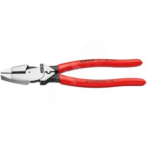 Плоскогубцы электромонтёра Linemans Pliers с приспособлением для протяжки кабеля и обжима кабельных наконечников рез: проволока средней твёрдости 46 мм твёрдая проволока 3 мм L-240 мм чёрные обливные рукоятки блистер - Knipex