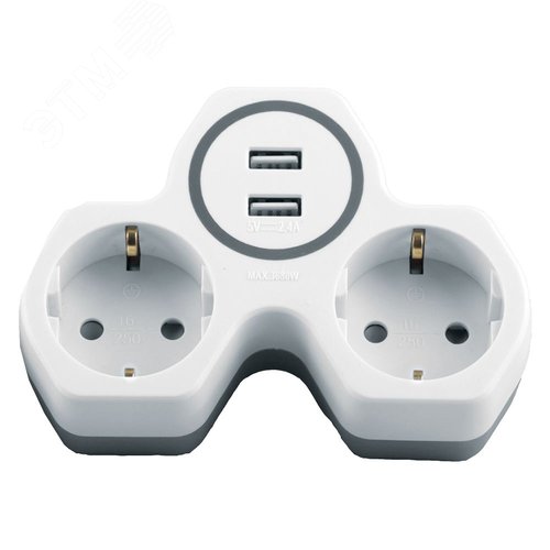 Разветвитель сетевой на 2 выхода + 2 выхода USB, с/з,, белый/серый - Feron