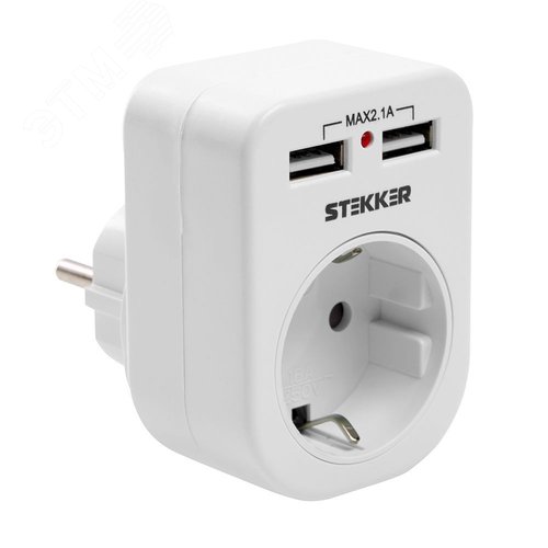 Переходник сетевой с/з c 2 USB 2,1А,, 250В, 16A, IP20, белый - Feron