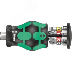 Ручка-битодержатель короткая с битами Kraftform Kompakt Stubby Magazin 2, 6 предметов, SL 0.8x5.5/1.2x6.5, PH 1/2, PZ 1/2 - WERA