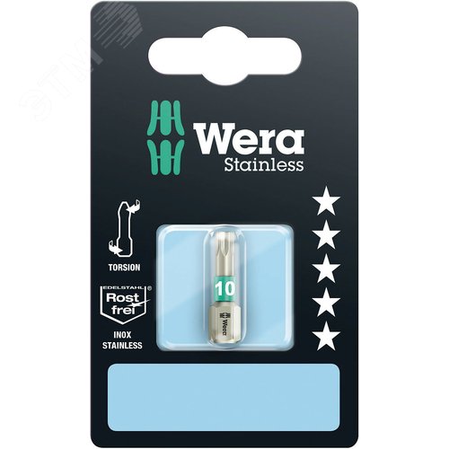 Бита 3867/1 TS TORX SB нержавеющая сталь хвостовик шестигранный 1/4 C 6.3 TX 10X25 мм с держателем-еврослот для подвеса - WERA