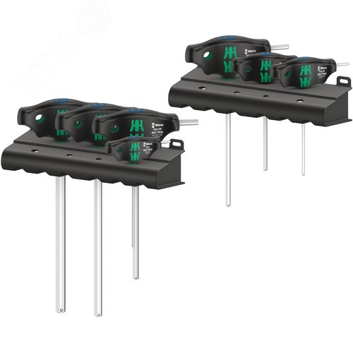 Набор отвёрток с Т-образной рукояткой 454/7 HF Set 1 Hex-Plus с функцией фиксации крепежа 2.5 - 10 мм 7 предметов комплектация: 1x 454 Шестигранная отвёртка с поперечной ручкой Hex-Plus 2.5X100 мм 6x 454 HF Шестигранная отвёртка с поперечной ручкой Hex-Plus с фиксирующей функцией: 3x100 4x100 5x150 6x150 8x200 10x200 2x Подставка для отверток Kraftform 190X50 мм - WERA