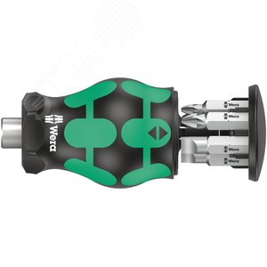 Ручка-битодержатель короткая с битами Kraftform Kompakt Stubby Magazin 4, 6 предметов, PH 1/2/3, SL 0.6х4.5/1.0х5.5/1.2х6.5 - WERA