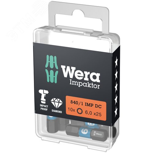 Бита ударная под внутренний шестигранник 840/1 IMP DC Impaktor Hex-Plus алмазное покрытие хвостовик 1/4 C 6.3 6X25 мм - WERA