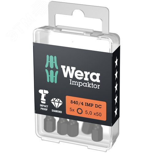 Бита ударная под внутренний шестигранник 840/4 IMP DC Impaktor Hex-Plus алмазное покрытие хвостовик 1/4 E 6.3 5X50 мм - WERA