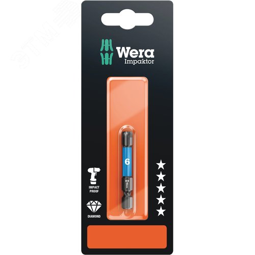 Бита ударная 840/4 IMP DC Impaktor Hex-Plus SB под внутренний шестигранник алмазное покрытие хвостовик шестигранный 1/4 E 6.3 6X50 мм с держателем-еврослот для подвеса - WERA