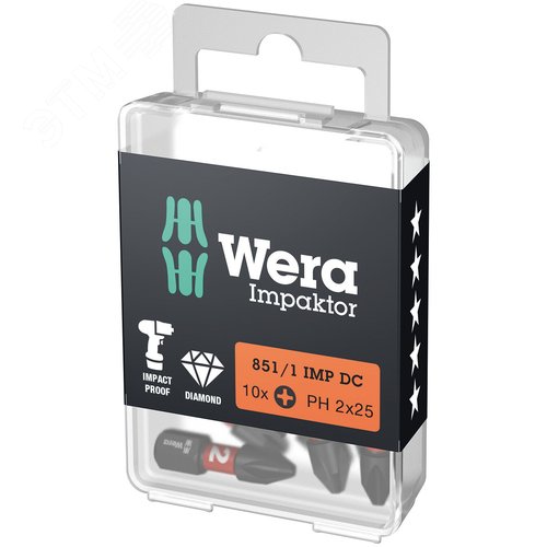 Бита ударная 851/1 IMP DC Impaktor PH алмазное покрытие хвостовик 1/4 C 6.3 PH 2X25 мм - WERA