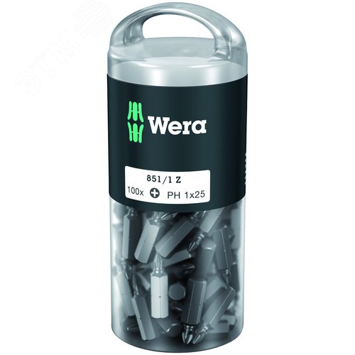 Набор бит 851/1 Z DIY 100 PH 1 вязкая твердость хвостовик 1/4 C 6.3 100 шт PH 1X25 мм с держателем-еврослот - WERA