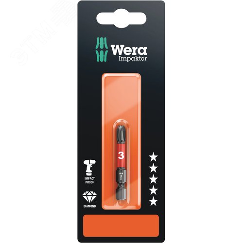 Бита ударная 851/4 IMP DC Impaktor PH SB алмазное покрытие хвостовик шестигранный 1/4 E 6.3 PH 3X50 мм с держателем-еврослот для подвеса - WERA