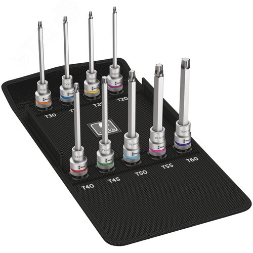 Набор головок торцевых со вставкой длинных 8767 C TORX HF 3 Zyklop с функцией фиксации крепежа DR 1/2 9 предметов комплектация: 9x 8767 C HF TORX Головка торцевая со вставкой Zyklop с приводом 1/2 с функцией фиксации крепежа: TX 20x140.0 TX 25x140.0 TX 27x140.0 TX 30x140.0 TX 40x140.0 TX 45x140.0 TX 50x140.0 TX 55x140.0 TX 60x140.0 1x Набор полосок на липучках № 120 70 x 50 мм - WERA