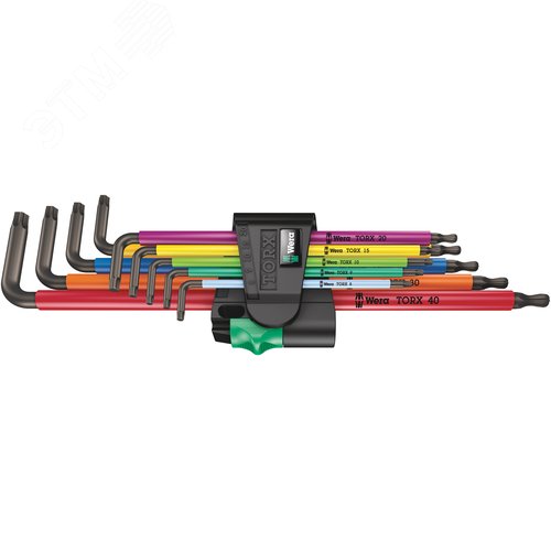 Набор Г-образных ключей 967/9 TX XL Multicolour TORX 1 удлиненный с шаром TX 8 - TX 40 9 предметов комплектация: 3x 967 SXL TORX Multicolour Г-образный ключ удлиненный: TX 8x90 TX 9x101 TX 10x112 6x 967 SPKXL TORX Multicolour Г-образный ключ удлиненный: TX 15x123 TX 20x137 TX 25x154 TX 27x172 TX 30x195 TX 40x224 - WERA