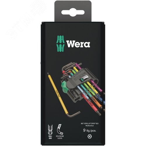 Набор Г-образных ключей 967/9 TX BO Multicolour TORX 1 SB BlackLaser с отверстием под штифт с шаром магнит TX 8 - TX 40 9 предметов - WERA