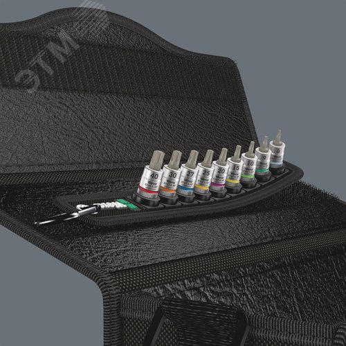 Набор головок торцевых со вставкой с функцией фиксации крепежа 1x Belt A 3 TORX HF Zyklop DR 1/4 9 предметов комплектация: 9x 8767 A HF TORX Головка торцевая со вставкой Zyklop с приводом 1/4 с функцией фиксации крепежа: TX 8x28.0 TX 9x28.0 TX 10x28.0 TX 15x28.0 TX 20x28.0 TX 25x28.0 TX 27x28.0 TX 30x28.0 TX 40x28.0 1x Пояс A (матерчатый) на 9 инструментов неукомплектованный 39 x 238 мм 1x Набор полосок на липучках 30 200 x 30 мм - фото 7
