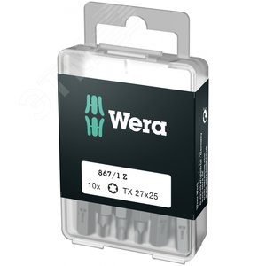Набор бит 867/1 Z DIY 10 TORX 27 вязкая твердость хвостовик 1/4 C 6.3 TX 27 x 25 мм 10 шт с держателем-еврослот (WE-072410) - WERA