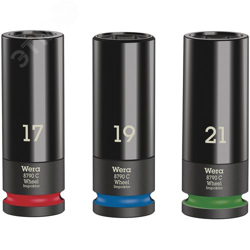 Набор головок торцевых ударных шестигранных Wheel Impaktor C Set 1 DR 1/2 3 предмета 17/19/21X85 мм с пластиковой обоймой для защиты колёсного диска - WERA