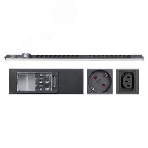 Блок розеток для 19' шкафов, вертикальный, 10 розеток Schuko, 10 розеток IEC 320 C13, 16А, автомат защиты, алюминиевый корпус, клеммная колодка - Cabeus