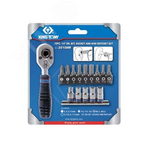Набор вставок (бит) и головок с трещоткой 1/4', TORX, HEX, PH, 15 предметов - King Tony