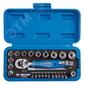 Набор торцевых головок с принадлежностями 1/4', двенадцатигранные, 4-14 мм, 27 предметов - King Tony