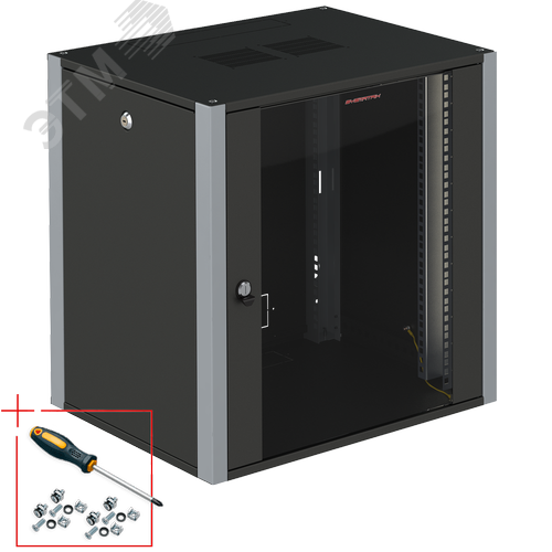 Шкаф телекоммуникационный настенный 19' 12U дверь стекло IP20. 600x450x585mm(ШхГхВ) цвет черный(RAL 9004/RAL7000) - фото 2