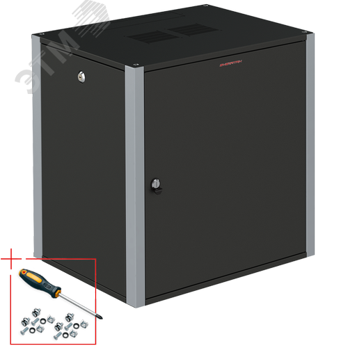 Шкаф телекоммуникационный настенный 19' 12U дверь металл IP20. 600x450x585mm(ШхГхВ) цвет черный(RAL 9004/RAL7000) - фото 2