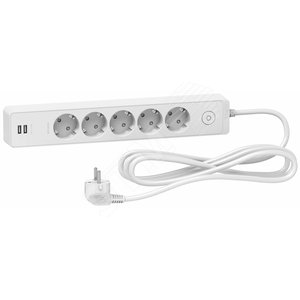 UNICA EXTEND удлинитель 5 розеток 2К+З, кабель 3м, 2 USB, белый | ST945U3W | Schneider Electric