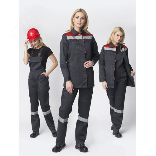 Костюм женский Весна-2 СОП NEW (ткань Смесовая,210) полукомбинезон, темно-серый красный, 52-54 170-176 - Факел-спецодежда
