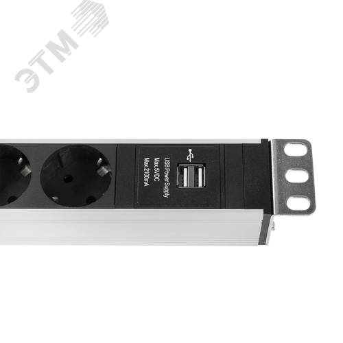 Блок розеток Rem-16 с выключателем и USB-портом, 6 Schuko, 16A, алюминиевый корпус, 19'', шнур 3 м. - фото 2