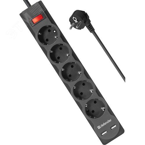Удлинитель с сетевым фильтром DFS 755 5,0 м, 5 розеток, 2xUSB, 2.1A - Defender (C)