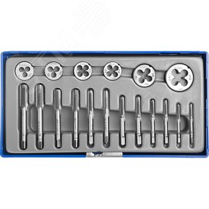 Набор метчиков и плашек в пластиковом боксе, сталь 9ХС 18 предметов