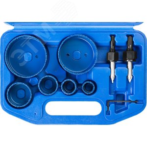 Набор коронок-чашек ''Профессионал'' c карбид-вольфрамовым нанесением, 6 коронок-чашек d 22, 28, 35, 44, 68, 73 мм, 2 державки со сверлами, ключ 2