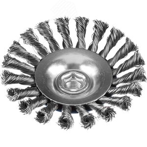 Щетка коническая для УШМ, плетеные пучки стальной проволоки 0,5мм, 115ммхМ14 ''Профессионал''.