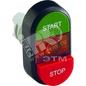 Кнопка двойная MPD15-11R (зеленая/красная-выступающая) красная-в ыступающая линза с текстом (START/STOP) (1SFA611144R1101) - ABB