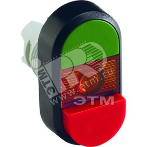 Кнопка двойная MPD13-11R (зеленая/красная-выступающая) красная выступающая линза с текстом (I/O)