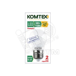Лампа светодиодная LED 5вт 220в E27 теплый белый шар (СДЛп-Ш45-5-220-827-300-Е2) - КОМТЕХ
