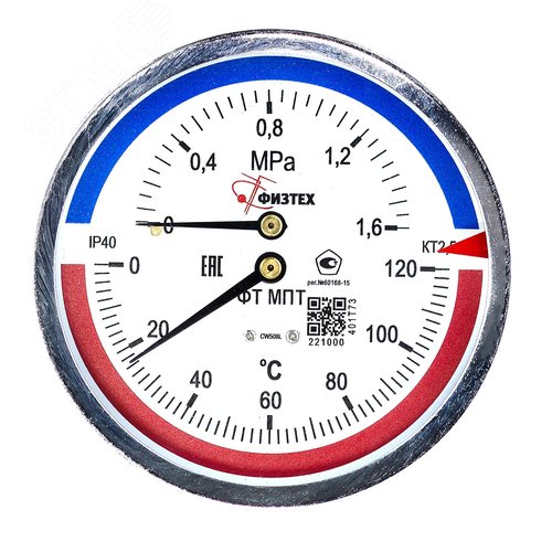 Термоманометр МПТ 0-120С 0-1.6 МПа кт.2.5 d.80 IP40 G1/2 РШ L46 - Физтех