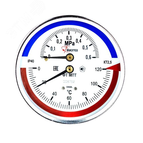 Термоманометр МПТ 0-120С 0-0.6 МПа кт.2.5 d.80 IP40 G1/2 ОШ L64 - Физтех