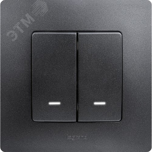 Выключатель 2-клавишный с подсветкой/индикацией 10А безвинтовое крепление антрацит ETIKA 2