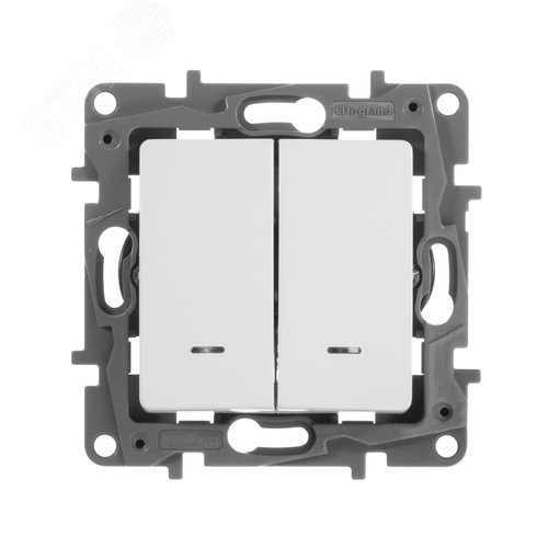 Выключатель 2-клавишный проходной с подсветкой/индикацией 10А безвинтовое крепление белый ETIKA 2