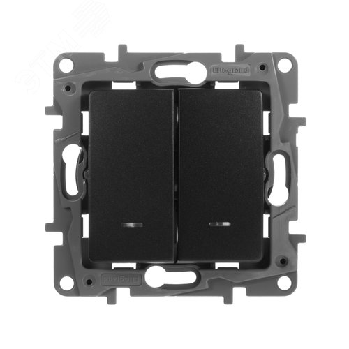 Выключатель 2-клавишный проходной с подсветкой/индикацией 10А безвинтовое крепление антрацит ETIKA 3