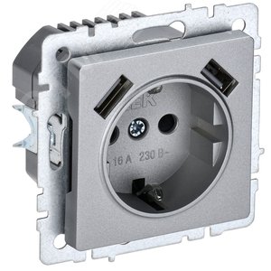BRITE Розетка с заземлением с защитными шторками 16А с USB A+A 2,1А РЮш10-1-БрА алюминий - IEK (ИЭК)