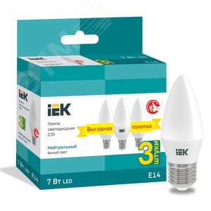 Лампа светодиодная C35 свеча 7Вт 230В 4000К E14 (3шт/упак) IEK - IEK (ИЭК)