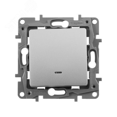 Выключатель 1-клавишный проходной с подсветкой/индикацией 10А безвинтовое крепление алюминий ETIKA 2