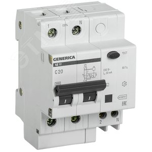 Выключатель автоматический дифференциальный АД12 2Р 20А 30мА GENERIC - IEK (ИЭК)