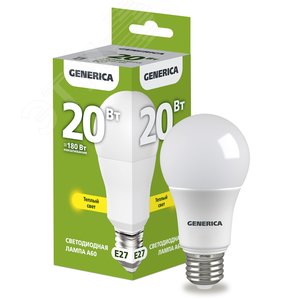 Лампа светодиодная A60 груша 20Вт 230В 3000К E27 GENERICA | LL-A60-20-230-30-E27-G | IEK - IEK (ИЭК)