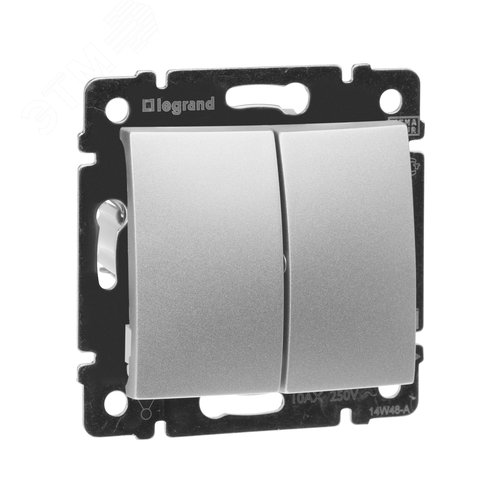 Выключатель 2-клавишный схема 5 10А безвинтовое крепление алюминий VALENA