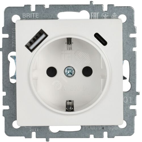 BRITE Розетка с заземлением с защитными шторками 16А с USB A+C 18Вт РЮш11-1-БрБ белый - фото 3