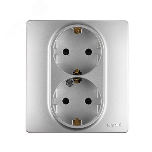 Розетка 2-местная с заземлением с защитными шторками безвинтовое крепление 16А в сборе алюминий ETIKA 3