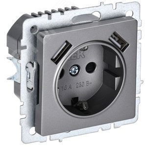 BRITE Розетка с заземлением с защитными шторками 16А с USB A+A 2,1А РЮш10-1-БрС сталь - IEK (ИЭК)