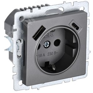 BRITE Розетка с заземлением с защитными шторками 16А с USB A+C 18Вт РЮш11-1-БрС сталь - IEK (ИЭК)